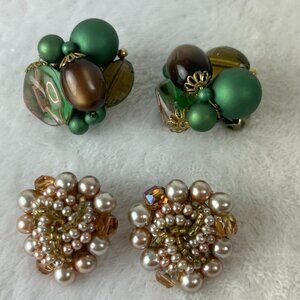 VINTAGE FAUX PEARL RHINESTONE CLIP ON CLUSTER EARRING JAPAN Champagne Green Pink